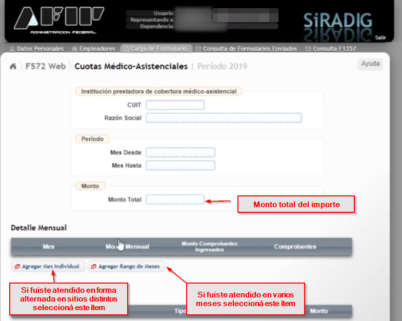 Cargar las cuotas medico asistenciales en el SiRADIG para deducir en el formulario F.572